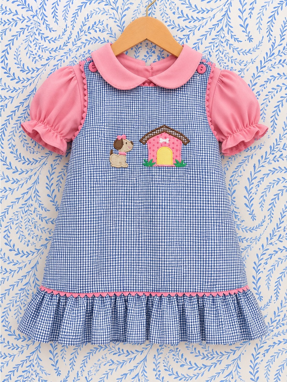 The Beaufort Bonnet Company Pink and Blue Gingham Puppy Appliqué Dress
